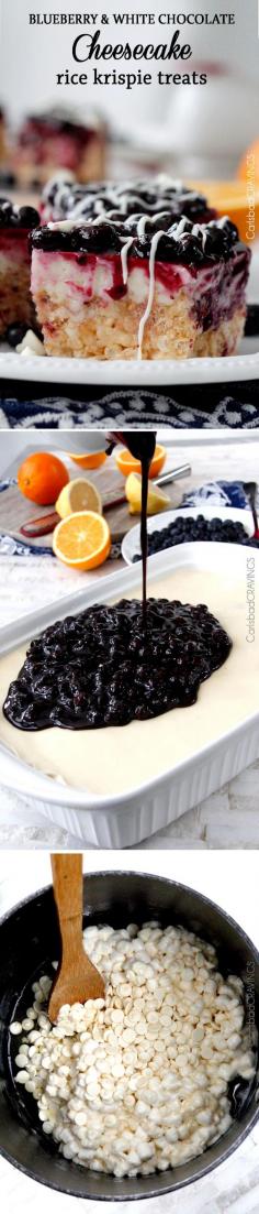 NO BAKE Blueberry White Chocolate Cheesecake Rice Krispie Treats - gooey white chocolate rice krispies covered with white chocolate cheesecake covered by the most insanely delicious blueberry sauce. Crispy, creamy and sweet all in one amazing bite! #LUNAgf