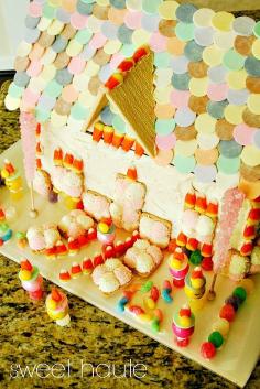Adorable 'Gingerbread' inspired house cake tutorial by *SWEET HAUTE*: This Candyland Cake perfect idea for a party table center piece, table scape, dessert idea, craft project that is kid- friendly, interactive, fun, easy, quick fast, inexpensive budget, food craft that gets them in the kitchen learning. Pin now...read later!