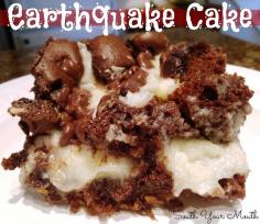 
                    
                        Earthquake Cake... a moist, delicious cake you don’t have to frost because the ooey-gooey cream cheese mixture becomes a frosting explosion that cracks the cake apart. Hence the name!
                    
                