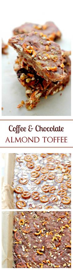 
                    
                        Coffee and Chocolate Almond Toffee | www.diethood.com | Quick and easy homemade Toffee with almonds, pretzels and coffee. No need for a Candy Thermometer!
                    
                