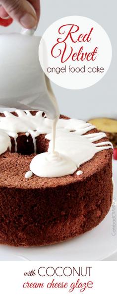 Perfect for Valentines! EASY light airy Red Velvet Angel Food Cake with the most INCREDIBLE Coconut Cream Cheese Glaze. This cake looks fancy (perfect for company or special occasions) but takes less than 20 minutes to make! #redvelvet #angelfoodcake #valentinesdesserts #redvelvetcake