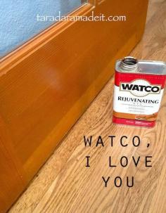 #diy #wood Scratched, knicked cabinets, doors, and baseboards can be saved with this magic in a can.  It's cheap and doesn't require lots of elbow grease.  Great alternative to stripping