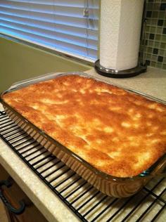 Take a box of Angel Food Cake mix , and combine it with a 20 ounce can of crushed pineapple in its own juice. When you do this, something magical happens. The mixture starts to froth and it turns into an amazingly airy, fluffy bowl of deliciousness right before your eyes. Once it's all mixed up, simply pour it into a 9 x 13 baking dish and bake it at 350 degre