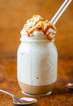 Skinny Caramel Frappuccino (GF) - Just like Starbucks except only 50 calories per serving! Sweet, creamy, easy  guilt-free! - Recipe at http://averiecooks.com #popular #cool #interesting #food #recipes