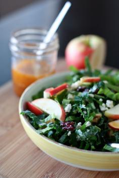 Kale salad with Maple Vinaigrette - slice the leaves of 1 bunch of kale really thin, discarding stems. Toss with 1 clv minced garlic. Coat with a dressing of 3 T olive oil, 3T cider vinegar, and 1 T maple syrup. Let marinade a couple hrs. Stir in seeds, wlanuts/pecans, apple, cranberries/dates before serving.
