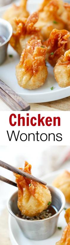 
                    
                        Chicken wontons – the easiest and BEST fried chicken wontons ever! Takes 20 mins to make. SO crispy & yummy!! | rasamalaysia.com
                    
                