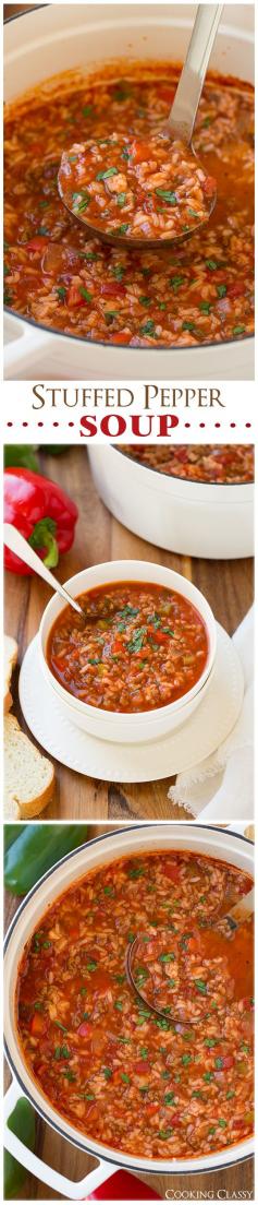 
                    
                        Stuffed Pepper Soup - just like the traditional stuffed peppers with rice, beef, tomatoes and herbs, but in soup form!
                    
                