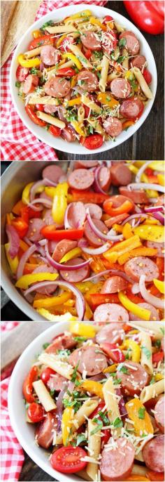 
                    
                        Spicy Sausage and Pepper Pasta Recipe on twopeasandtheirpo... Love this colorful and simple pasta dish!
                    
                