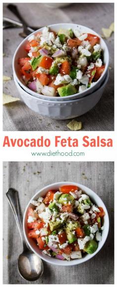 Avocados, tomatoes, and feta cheese combined to make a chunky, savory, delicious summer salad