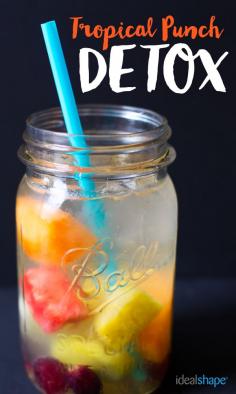 Turn your IdealBoost weight loss drink into the perfect tropical Detox! Mix Tropical Punch IdealBoost with 16 oz. of water. Add 1 cup of desired tropical fruit. I added pineapple, watermelon, mango, cantaloupe, grapes and mint leaves. I think it would also be fun to add oranges, pomegranate, or passion fruit. Finally, add ice for a delicious, chilled detox water!