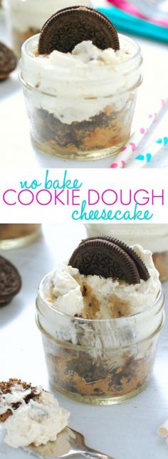 
                    
                        No Bake Cookie Dough Cheesecake | Tons of awesome cookie dough taste crammed into a cute little cheesecake cup!
                    
                