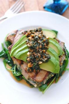 Grilled Citrus Tuna Steak With Avocado And Spinach - This looks very delicious, I can't wait to try it out! #tuna #ahi #yellowfin #avocado #spinach #food #recipes