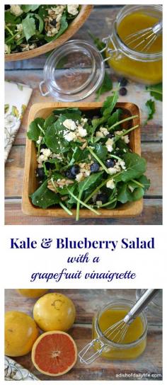 A delightful combination of kale, blueberries, feta, and sunflower seeds, tossed with a grapefruit vinaigrette...the perfect combination of tart and sweet! Gluten free, vegetarian and can be made vegan by removing the feta and substituting another sweetener for the honey in the dressing.