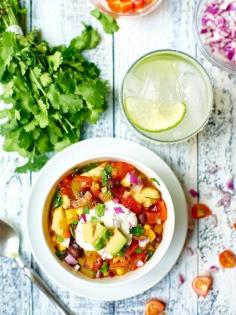 This Mexican Vegetable Soup is chock full of veggies, subtly spicy, and makes a ton! Make it today for Meatless Monday and enjoy it all week long! Less than 400 calories per serving! showmetheyummy.com #meatlessmonday #healthy #vegetarian #blackbeans #mexican #soup