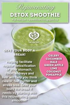 Ingredients: - 4 stalks celery - 1 long english cucumber - 4 large leaves kale - 1 green apple, chopped & de-seeded - 1 lime, squeezed for juice - water of 1 young thai coconut (about 1 cup; if you don't have coconut water, use regular water) - 1 cup ripe pineapple Put the celery, cucumber, kale, lime & coconut water into the blender, and blend high speed (this helps break down the greens better). Then, add the apple and pineapple, and blend for around 15-30 seconds. Enjoy!
