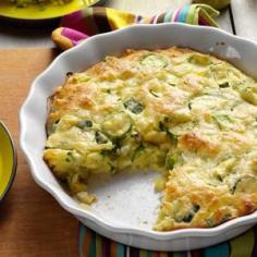ZUCCHINI ONION PIE RECIPE 6 Servings~Prep/Total Time: 30 min. Ingredients: 3 EGGS 1 c. grated PARMESAN CHEESE 1/2 c. CANOLA OIL 1 tblsp. minced fresh PARSLEY 1 garlic CLOVE, minced 1/4 tsp. SALT 1/8 tsp. PEPPER 3 c. sliced ZUCCHINI 1 c. BISCUIT BAKING MIX 1 sm. ONION, chopped Directions: In a large bowl, whisk first 7 ingredients. Stir in zucchini, baking mix & onion. Pour into a greased 9" deep-dish pie plate. Bake 350° 25-35 minutes til lightly browned. © Taste of Home 2014