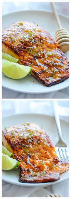 Honey Glazed Salmon - The easiest, most flavorful salmon you will ever make. And that browned butter lime sauce is to die for!