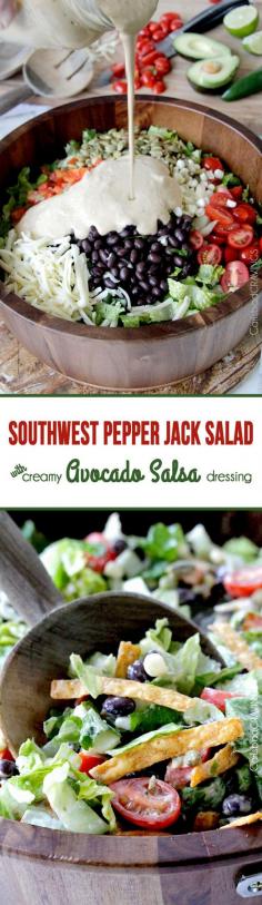 Southwest Pepper Jack Salad with Creamy Avocado Salsa Dressing .  Scroll, scroll, scroll to the recipe!    #salad #Mexicansalad #southwestsalad