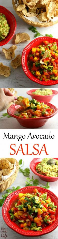 
                    
                        Get ready for a flavor explosion of deliciousness with this healthy Avocado Mango Salsa recipe! This crowd pleaser is great as a chip dip party appetizer, or served as an accompaniment to seafood or chicken for dinner.
                    
                