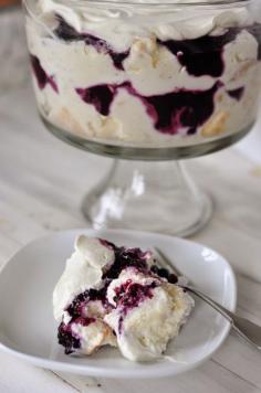 Heavenly Blueberries & Cream Angel Dessert ~ 12oz Frozen Blueberries • 2T Sugar • 2T Cornstarch • ¼C Cold Water • squeeze of fresh Lemon Juice (~½T) ~ Cake & Cream: Angel Food Cake • 16oz Cream Cheese, rm temp • ⅔C Half & half or Canned Milk • ⅔C Sugar ~ Whipped Cream: 1½C Heavy Cream • 3T Powdered Sugar
