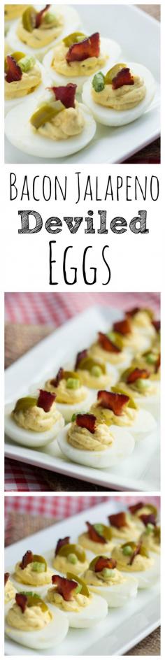 Bacon and jalapeño garnished deviled eggs with a mustard seasoned filling! The perfect party appetizer. - Eazy Peazy Mealz