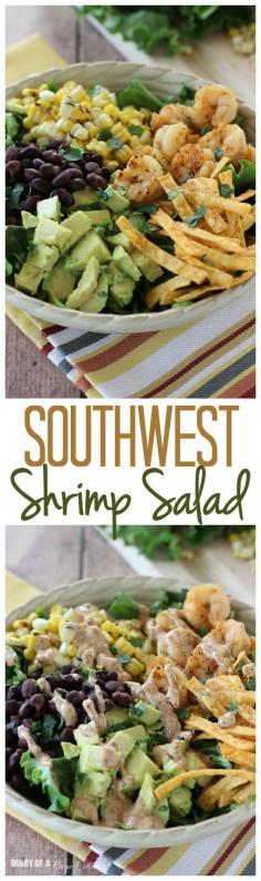 Southwest Shrimp Salad - Grilled shrimp and corn, black beans, diced avocado, and crispy southwest tortilla strips piled onto a bed of green leaf lettuce and topped with a mexi-ranch dressing. Do with chicken instead
