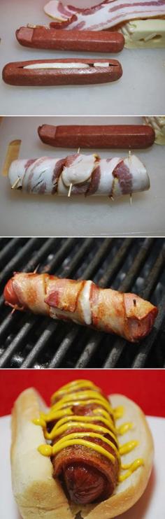 Bacon Wrapped Cheese Hot Dogs Recipe - everything is better with bacon. #food #foodporn #yum #yummy #tasty #recipe #recipes #like #love #cooking #hotdogs #hotdog