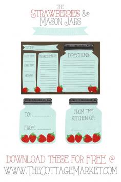 Strawberry Mason Jar printable recipe card and tag