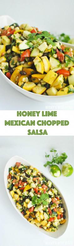 Honey Lime Mexican Chopped Salsa combines black beans with summer garden-fresh corn, zucchini, summer squash, bell peppers, jalapenos, tomatoes and cilantro. It perfect as an easy, no-cook, healthy side dish recipe to go with any of your summer grilling favorites. It also pairs well by itself with whole grain tortilla chips for a quick and easy appetizer. #ad #NaturallyClean