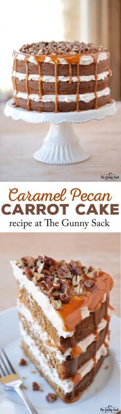 Everyone will love this epic Caramel Pecan Carrot Cake recipe with layers of fluffy filling, caramel drizzling down the sides and chopped pecans on top. #AppleButterSpin #client