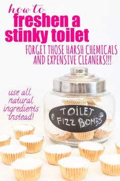 The All-Natural Way to Freshen a Stinky Toilet! Forget those harsh chemicals and expensive cleaners... use all natural ingredients instead. These Toilet Fizz Bombs are so easy to make, you won't believe it.