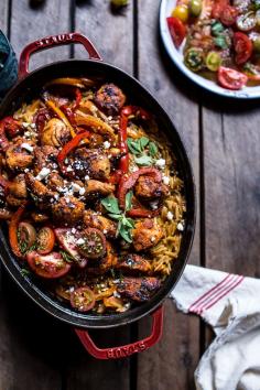 One pot Greek oregano chicken and orzo with tomatoes in garlic oil