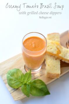Creamy Tomato Basil Soup with grilled cheese dippers | Get the recipe on NoBiggie.net