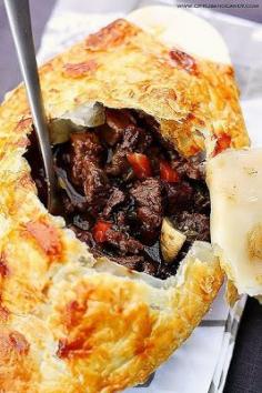 Beef and Red Wine Pot Pie in Puff Pastry with Braised Cabbage (use chuck or shoulder) _ Adapted from Gourmet Traveller.