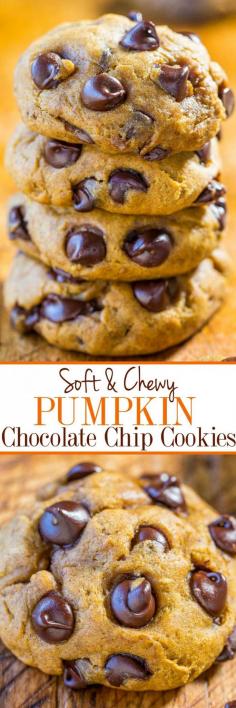 
                        
                            Soft and Chewy Pumpkin Chocolate Chip Cookies - No cakey cookies here!! Soft, chewy, thick, loaded with chocolate and bold pumpkin flavor! Your new favorite pumpkin cookies!!
                        
                    