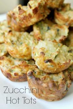 Makes 24 Hot Tots 2 cups zucchini, grated 2 eggs 1/2 of an onion, diced and sauteed in 1 TBS Butter 1/4 cup Mozararella cheese 1/4 cup freshly grated Parmesan cheese 1/2 cup dry Italian it breadcrumbs kosher salt and pepper to taste Preheat oven to 400 degrees 1. Squeeze Zucchini of excess water and pat dry 2. Saute onions in butter until translucent 3. Mix all ingredients together and put into prepared mini muffin pan Bake 15-18 minutes