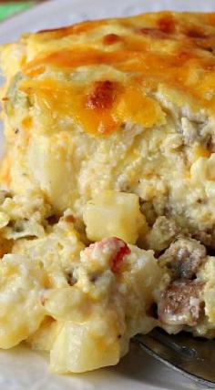 ~Easy Cheesy Southwest Breakfast Casserole~ 2 cups frozen O'Brien Style (with peppers and onions) Hash Brown Potatoes, thawed; 1 cup small curd cottage cheese; 8 oz. fully cooked breakfast sausage; 1 cup shredded sharp cheddar cheese; ½ cup shredded Pepper-jack cheese; ½ cup finely chopped onion; 6 large eggs, beaten