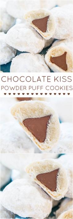 Chocolate Kiss Powder Puff Cookies - Easiest cookies ever with only 3 ingredients! Trader joes pie crusts, powdered sugar, Hershey's kiss