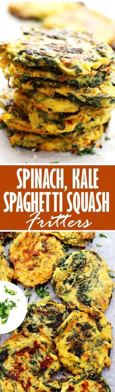 
                        
                            Spinach, Kale and Spaghetti Squash Fritters | www.diethood.com | Flavorful, healthy, quick and easy baked fritters with spinach, kale, and spaghetti squash.
                        
                    
