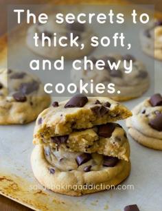 Chewy Chocolate Chunk Cookies and the secrets to thick, chewy, and soft cookies. By sallysbakingaddiction.com   These may rival my favorite chocolate chip cookie recipe!