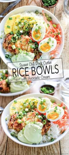 
                    
                        Sweet Chili Pork Cutlet Rice Bowls with Avocado Cream are a great quick weeknight dinner recipe idea! | www.cookingandbee...
                    
                