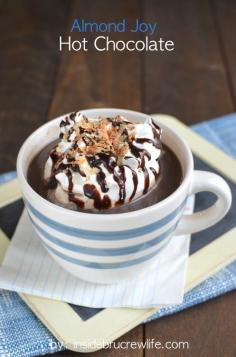 Almond Joy Hot Chocolate - almond milk, chocolate, and coconut come together to make an easy homemade drink without the extra calories. 2 Tablespoons dark cocoa powder 2 Tablespoons cream of coconut 1 cup Silk Almond Milk, divided Cool Whip, optional chocolate syrup, optional toasted coconut, optional  Read more at http://insidebrucrewlife.com/2014/10/almond-joy-hot-chocolate/#2WLdmsAihYG4pHWo.99
