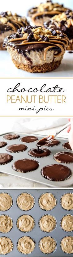 Christmas Desserts and Christmas Recipes, Christmas Cookies Mini Chocolate Peanut Butter Pies are easy, make ahead, almost NO BAKE and, decadently DELICIOUS with toffee graham cracker crust, creamy peanut butter filling, and silky chocolate ganache. #peanut butter #pie, #chocolate #peanutbutterpie