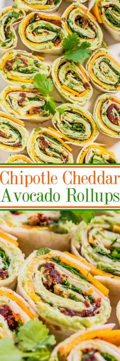 USE LC TORTILLA Chipotle Cheddar Avocado Rollups - Creamy avocado with sharp cheddar, cilantro, and a little bit of smoky chipotle heat! Easy, ready in 5 minutes, and everyone loves these! Great appetizer and a gameday party favorite!!