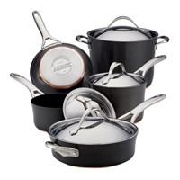 2 saucepans, stockpot, skillet, saute pan, lids Hard anodized aluminum constructed with copper Stainless steel handles Oven safe up to 500 degrees FDishwasher safe with mild dishwater gels Limited lifetime warranty. Strong and durable, the Anolon Nouvelle 9 pc. Cookware Set - Copper is constructed from hard-anodized aluminum and crafted with copper to deliver optimum heat control, heat conduction, and perfect cooking performance. The double full cap base features a copper core, encased in aluminum, and then completed with a magnetized stainless steel base making this set suitable for all stovetops, including induction. DuPont's restaurant-tested Autograph 2 nonstick delivers enduring food release, is metal utensil safe, and oven safe up to 500 degrees Fahrenheit. Large, cast stainless steel handles are attached to the body of the cookware using innovative flush-rivet technology, so food has nowhere to get stuck, making clean up quick and easy; this set is even dishwasher safe! The cookware set's elegant stainless steel lids fit securely, locking in heat, moisture, flavor, and nutrients. With its attractive tulip shape and excellent heat conduction, Anolon Nouvelle Copper cookware delivers timeless performance that will be treasured for years to come. Oven safe to 500 degrees. Additional Features Double full cap base with a copper core Encased in aluminum for superior heat conduction Stainless steel base is also magnetized Base is suitable for all cooktops, including induction Surpasses all other standard nonstick formulas Delivers enduring nonstick performance Nonstick coating is metal-utensil safe Nonstick durability inside and outside of pan Handles attached using flush-rivet technology Flush rivets keeps food from getting stuck Stainless steel lids fit securely Lids lock in heat and moisture Beautiful tulip shape Stands up to the rigors of professional kitchen use Set Includes:1.5-Quart Covered Saucepan 3-Quart Covered Saucepan 8-Quart Covered Stockpot 8.5-Inch Open Skillet 3-Quart Covered Saute Pan with Helper Handle About Anolon CookwareFor those who think recipes are more like suggestions, meet Anolon - a leading brand of gourmet cookware designed to empower food enthusiasts to creatively express themselves in the kitchen. Anolon gives home cooks the ability to cook outside the recipe by offering a wide selection of high-performance, exceptionally crafted cookware, bakeware, cutlery, tools and gadgets that satisfy the needs of each home chef's unique cooking style. Celebrate creativity in the kitchen with Anolon.