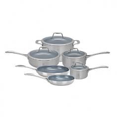 Stainless steel construction; aluminum core. Eco-friendly nonstick cooking surface. Oven- and broiler-safe to 500°F. Dishwasher safe. Tri-ply design provides even heating. A durable, tri-ply construction of stainless steel with an aluminum core, along with eco-friendly, scratch-resistant nonstick cooking surfaces, make the Zwilling Spirit Thermolon Spirit 10 pc. Set a long-lasting and functional addition to your kitchen. Tempered glass lids, stay-cool loop handles, and flared pouring rims round out the convenient features of this cookware set. Set includes: 1, 2, and 3-qt. saucepans with lids, 6-qt. stock pot with lid, and 8- and 10-inch fry pans. About Zwilling JA Henckels: JA Henckels has been producing the best in German steel knife design since 1895. Their products are designed for everyday use, giving you the maximum value for your money. This modern company uses innovative technology to create the highest-quality products. They're so sure you'll be satisfied with their products that they back each one with a lifetime warranty. With several lines of quality cutlery and other products, you're sure to find the perfect housewarming or wedding gift, or addition to your own kitchen. About Spirit CookwareThe exceptional line of Spirit Cookware features a high-tech, eco-friendly design that maximizes efficiency and performance. Unlike traditional non-stick cookware that uses chemicals, Spirit Cookware is coated in natural, scratch-resistant ceramic that won't stick or chip and has a notably high level of heat-resistance. Each piece in the Spirit Cookware line is expertly crafted with a magnetic, stainless steel exterior and durable aluminum core that retains heat evenly from rim to rim. Stay-cool stainless steel handles are ergonomic and riveted for durability.
