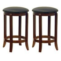 A handsome stool with sophistication and class. Gently flared square legs. Beautifully crafted from beech wood. Padded round seat is upholstered in black faux leather. Smooth swivel action. Includes 2 stools. Warm antique walnut finish. Dimensions: 16W x 16D x 24.33H inches. This set of two Swivel-Seat 24-Inch PVC Stools will be the envy of your guests. Not only are these stools attractive but they are also comfortable. These handsome stools are ideal for your counter-height table or alongside your counter for breakfasts. Constructed of beech wood with a warm antique walnut finish the stools feature square legs and padded seats with black faux-leather upholstery and a smooth swivel action for ease and comfort. Dimensions: 16W x 16D x 24.33H inches. About Winsome TradingWinsome Trading has been a manufacturer and distributor of quality products for the home for more than 30 years. Specializing in furniture crafted of solid wood Winsome also crafts unique furniture using wrought iron aluminum steel marble and glass. Winsome's home office is located in Woodinville Wash. The company has its own product design and development team offering continuous innovation.