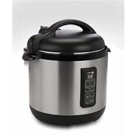 The pressure cooking program that drastically reduces cooking time. Food will maintain its natural color and flavor, while cooking your meals in up to 70% less time. Choose between high and low pressure to prepare a great variety of healthy meals in minutes; from appetizers to entr+aes and even desserts. ETL approved. Slow Cooker Function Use the slow cooker setting to prepare slow cooker classics such as pot roasts, soups and stews with flexible programming up to 9.5 hours. Add ingredients in the morning and dinner will be waiting for you. Add a salad or warm bread for mouth-watering meals every night. Rice Cooking Function No more soggy or burned rice dishes. The automatic rice-cooking program steams your favorite rice recipes to perfection with just a touch of a button. From sushi rice to risotto, all your recipes will be cooked to perfection in just 6 minutes. Brown Brown function allows you to soften onions or brown meat without having to use a different pan to prep ingredients; the Warm function will reheat or keep your cooked dishes warm! Versatile 3-in-1 electric cooker: High and low pressure cooking function Rice cooking function High and low slow cooking function Features: Warm and brown functions for added convenience Includes a 6 quart dishwasher safe, non-stick removable pot Flexible programming for up to 9.5 hours Programmable delay timer for up to 8 hours Self-locking lid and automatic pressure release setting for your convenience The lid will not open while there s pressure inside the cooker for safety Two independent pressure control valves and anti-overheating protection for added security LED screen with soft-touch control buttons Brushed stainless steel exterior Includes a full color recipe book with 70 delicious recipes! Requires standard household 110 V connection Dimensions: 11" L x 13.5" W x 14" H; Weight: 11 lbs.