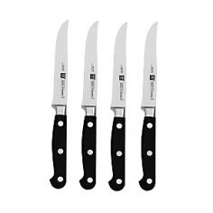 High-carbon stainless steel blades with full tang. Friodur blades, ice-hardened for lasting sharpness. Polypropylene 3-rivet handles for durable, firm grip. Smooth, sharp edges perfect for slicing. Laser-controlled edges with 15-degree angle on each side. Full bolsters for better balance and safer handling. Hand sharpened and polished. Dishwasher safe. Why should the cook get to have all the nifty gadgets; with the Zwilling J.A. Henckels Professional S 4 Piece Steak Set, your guests can join in the fun. It's no secret that chef's feel a proud connection to the knives they use. And with this set of steak knives, diners can as well. These beautifully designed knives help finish off an elegant place setting. But more importantly, they cut beautifully. Their strong, smooth blades are designed to cut easily and cleanly through meat so that you won't tear the tantalizing cut, which can otherwise be easy to do when working with a serrated edge. Its full bolster provides a secure hold that allows you to move quickly while safely maintaining control. And the blade is designed with a laser-controlled edge for a clean, precise 15-degree angle on either side. The unique high-carbon stainless steel blade has a full tang for better handling and is ice hardened for long-lasting sharpness. The traditional three-rivet polypropylene handle offers a firm grip that is both attractive and durable. About Zwilling JA HenckelsJA Henckels has been producing the best in German steel knife design since 1895. Their products are designed for everyday use, giving you the maximum value for your money. This modern company uses innovative technology to create the highest-quality products. They're so sure you'll be satisfied with their products that they back each one with a lifetime warranty. With several lines of quality cutlery and other products, you're sure to find the perfect housewarming or wedding gift, or addition to your own kitchen.