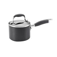 This small but sophisticated Anolon Advanced Hard-Anodized Nonstick 1-1/2-Quart Covered Saucepan features heavy-duty, hard-anodized construction to provide even heat distribution for exceptional gourmet cooking performance. With restaurant-tested DuPont's Autograph 2 nonstick surface inside and out, the saucepan is ideal for easy cleanup, PFOA-free, and metal utensil safe, and it delivers superior durability. The saucepan easily releases foods like a wild-mushroom-and-red-wine sauce or steel-cut oatmeal, and the revolutionary rubberized stainless steel Anolon SureGrip handle provides a confident yet soft grasp when transferring foods to serving dishes. And the comfortable handle is also dual riveted for extra strength and oven safe to 400 F. The break-resistant, domed glass lid allows a simmering side of beef stock to be monitored without losing heat or moisture. This covered saucepan makes a perfect beginning for or addition to a complete Anolon Advanced home collection. Enjoy cooking with professional style and performance with the Anolon Advanced Hard-Anodized Nonstick 1-1/2-Quart Saucepan in the gourmet kitchen. Anolon Advanced cookware offers a sophisticated professional look that will complement every kitchen.